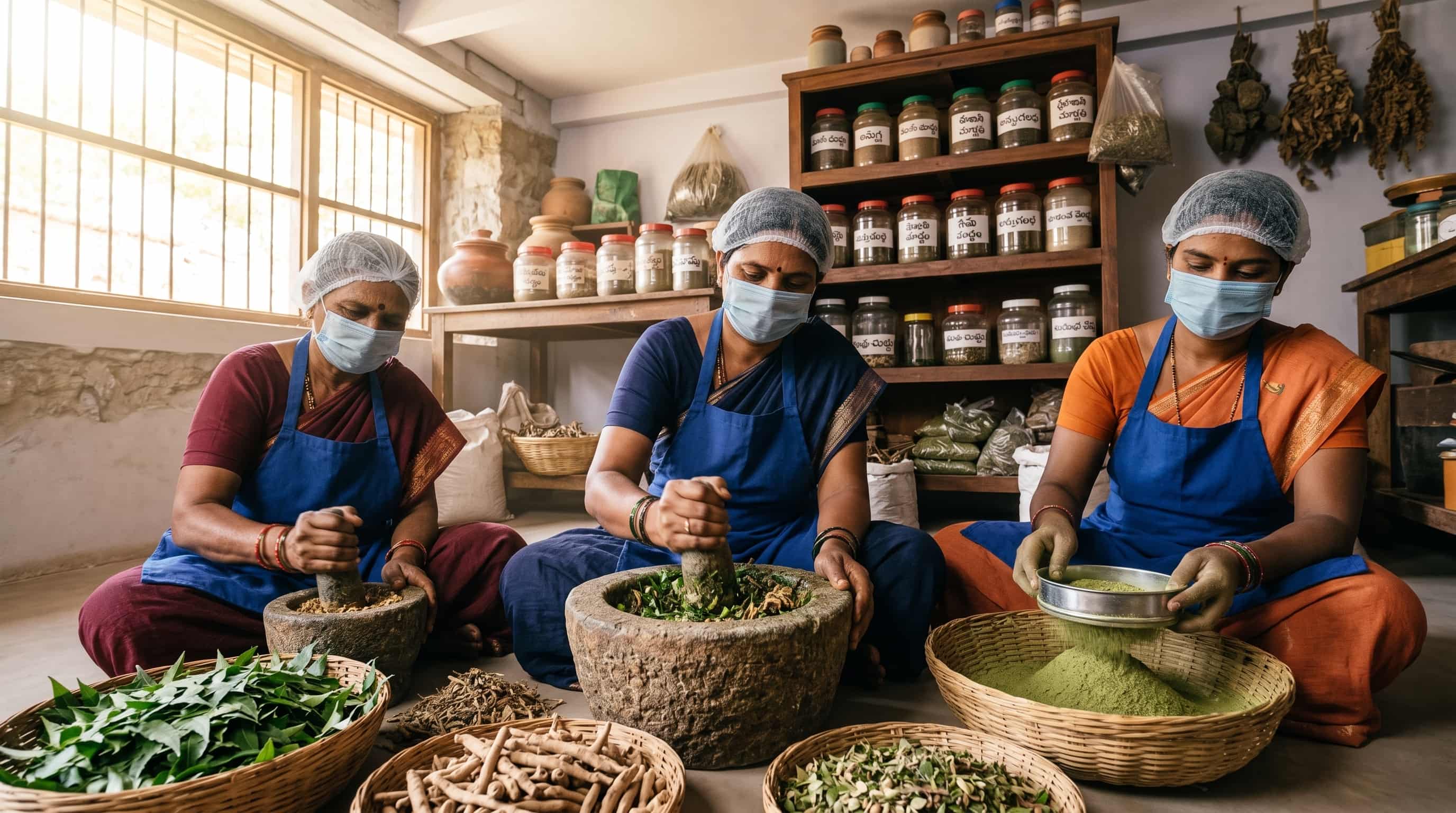 Women grinding herbs